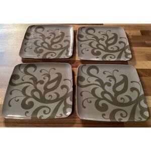 Set of 4 Zak! Designs Brown Square Melamine Plates Decorative Scroll 9'' Square